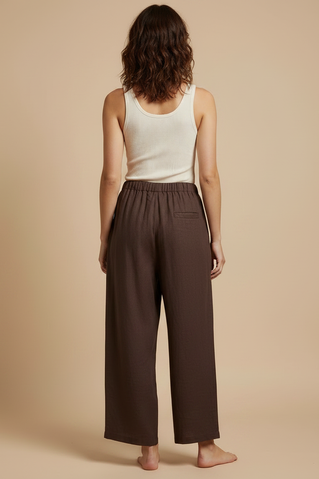 Pantalon Fluide Marron Ample Lin Décontracté - vue 2