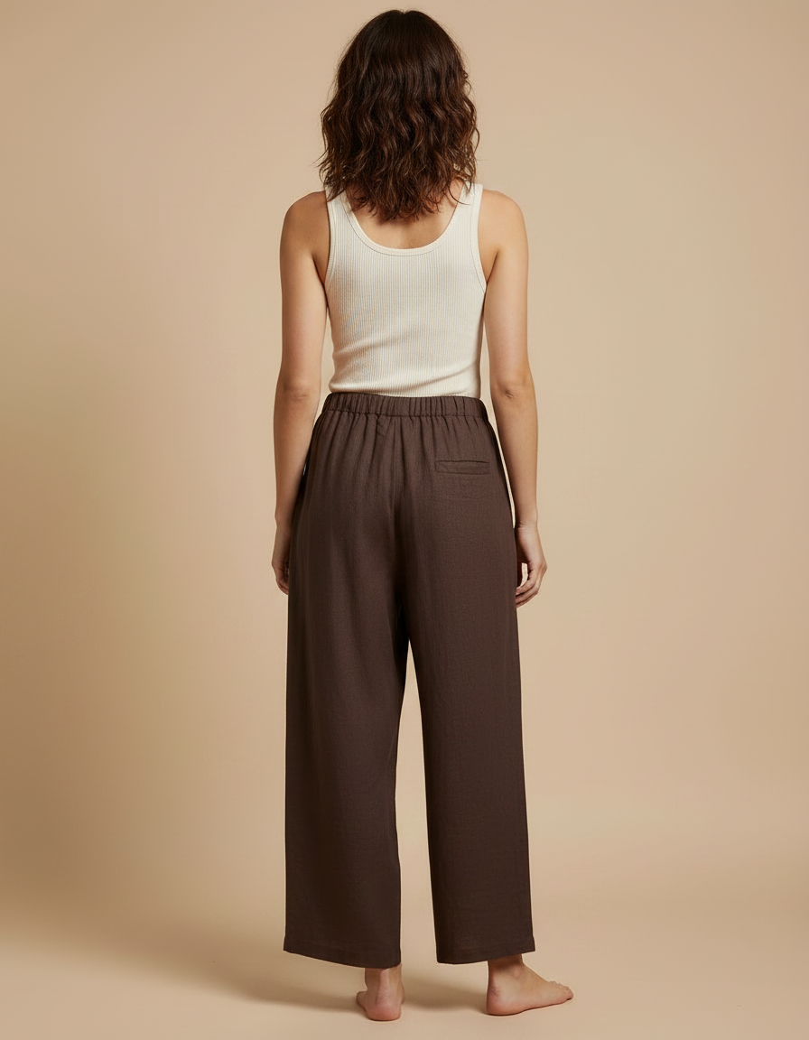 Pantalon Fluide Marron Ample Lin Décontracté - vue 2