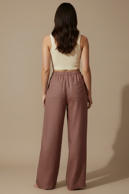 Pantalon Fluide Lin Cordon Ample Marron Confortable - vue 2