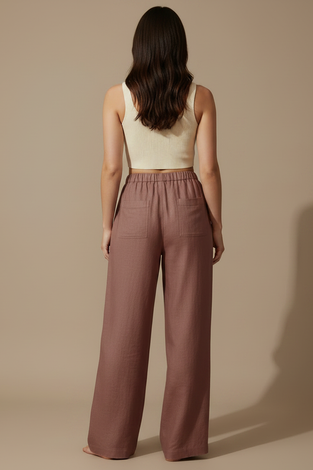 Pantalon Fluide Lin Cordon Ample Marron Confortable - vue 2