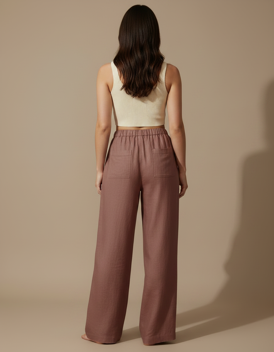 Pantalon Fluide Lin Cordon Ample Marron Confortable - vue 2