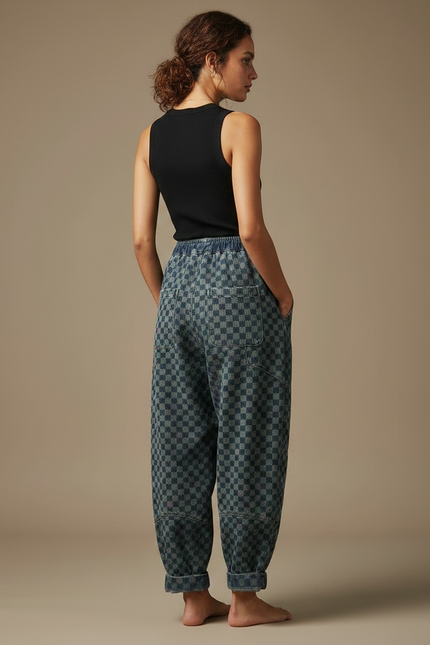 Pantalon Fluide Carreaux Denim Ample Vintage Décontracté - Imprimé Jean - vue 2