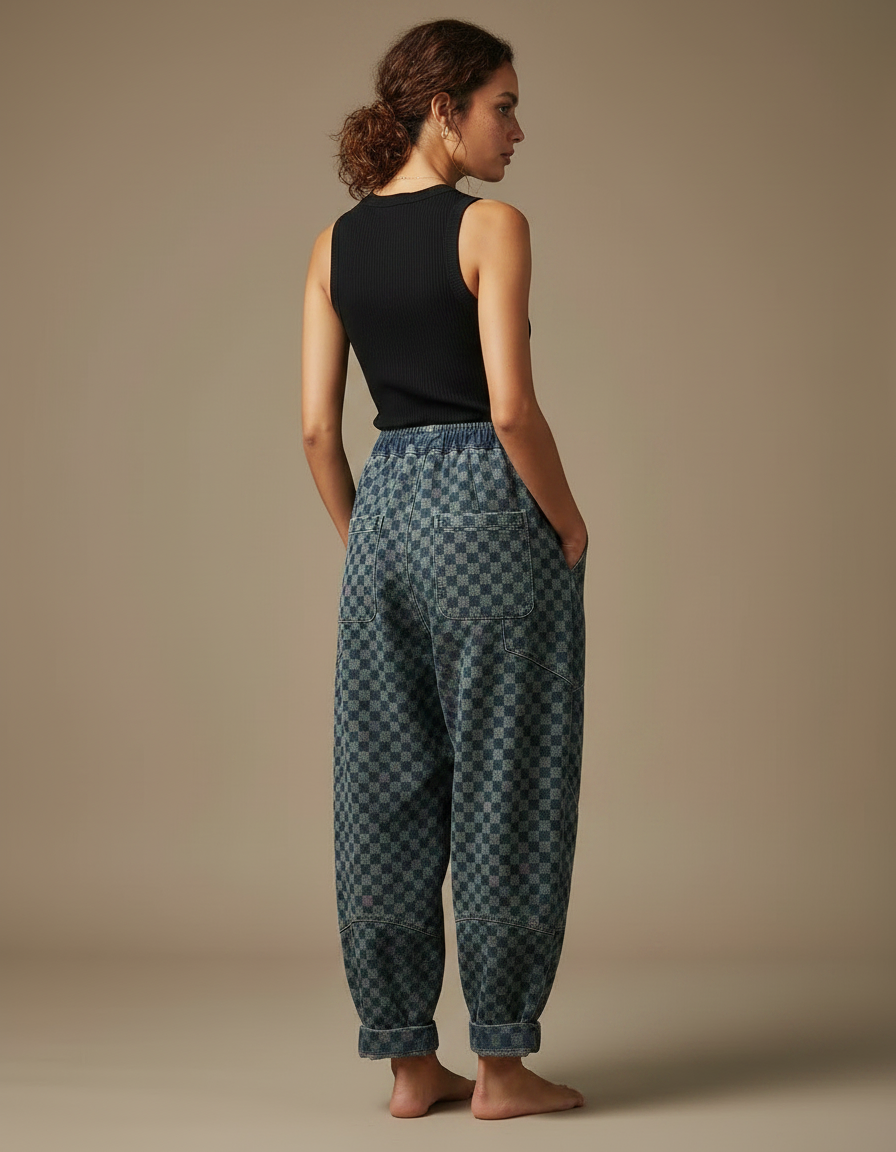 Pantalon Fluide Carreaux Denim Ample Vintage Décontracté - Imprimé Jean - vue 2