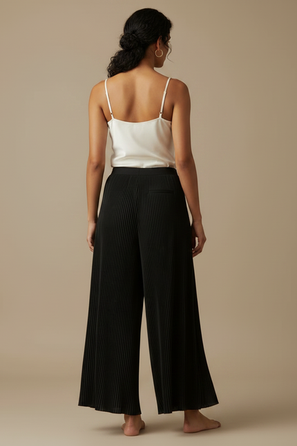 Pantalon Fluide Plissé Noir Large Élégant Femme - Polyester - vue 2