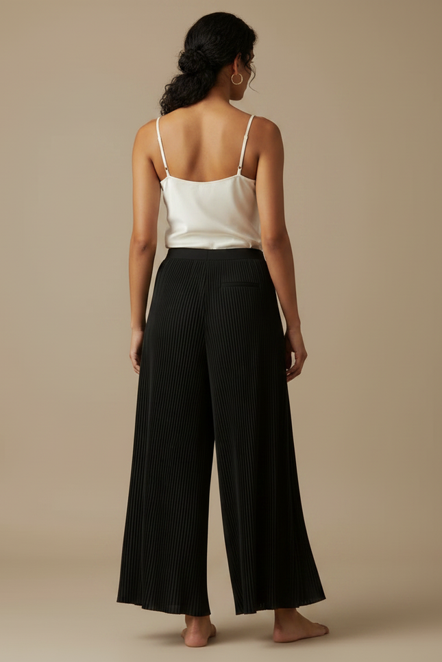 Pantalon Fluide Plissé Noir Large Élégant Femme - Polyester - vue 2