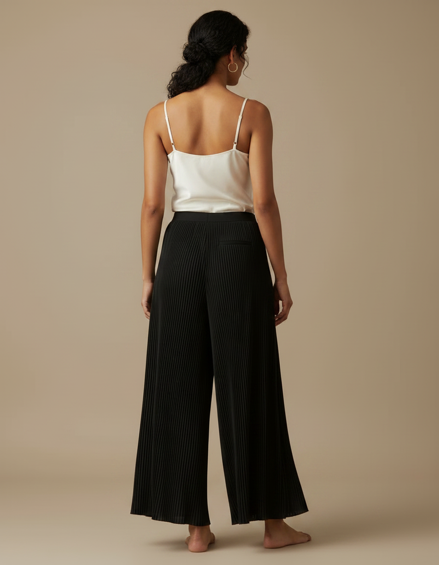 Pantalon Fluide Plissé Noir Large Élégant Femme - Polyester - vue 2