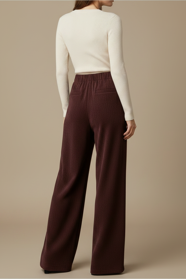 Pantalon Fluide Bordeaux Côtelé Ample Taille Haute Poches - Cordé - vue 2