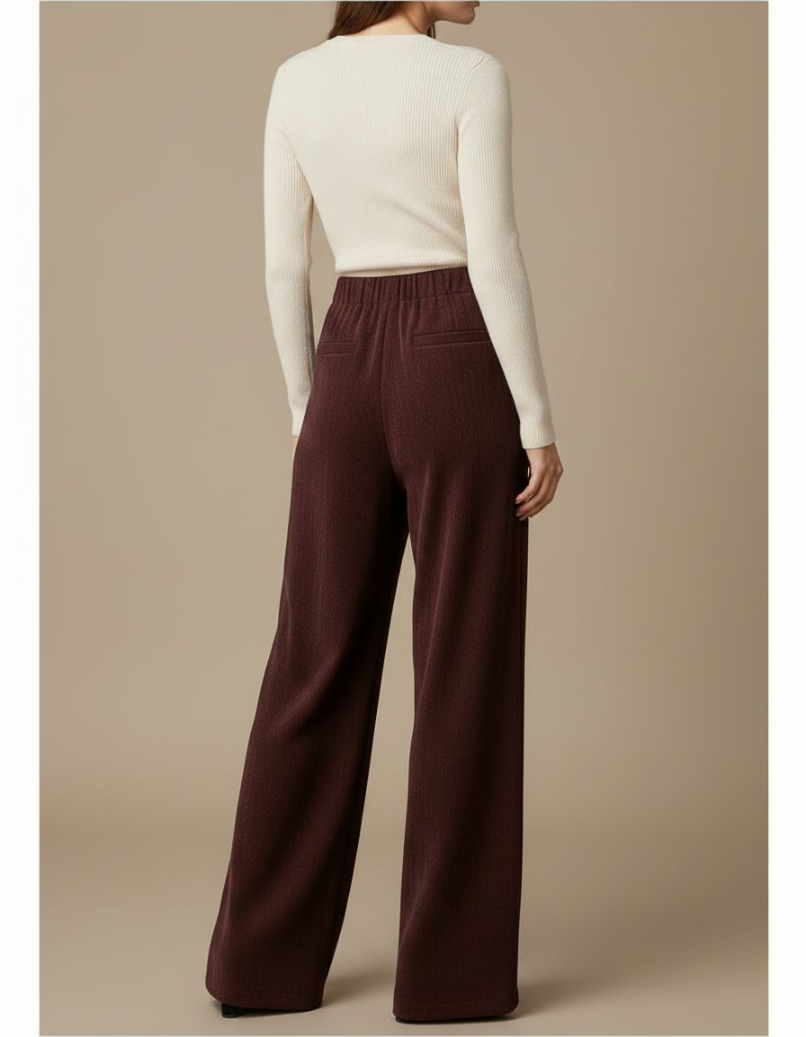 Pantalon Fluide Bordeaux Côtelé Ample Taille Haute Poches - Cordé - vue 2