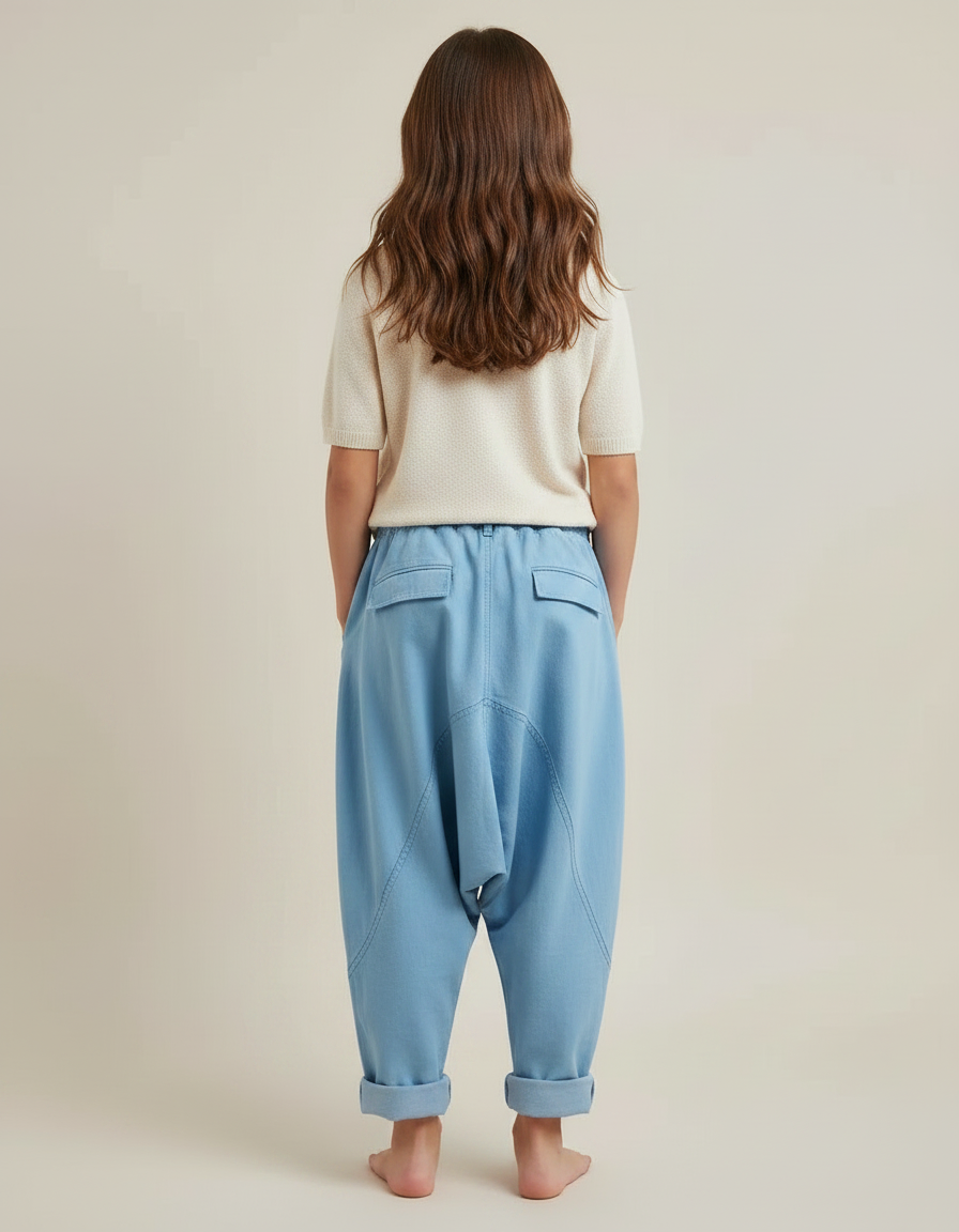Pantalon Fluide Bleu Ciel Harem Coton Décontracté - vue 2