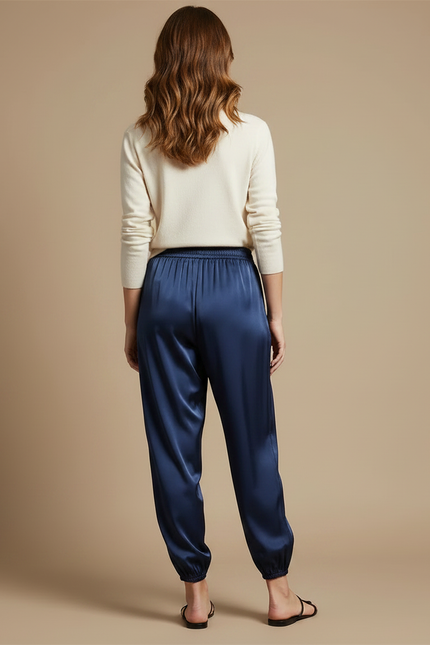 Pantalon Fluide Satiné Bleu Marine Ample Décontracté - vue 2