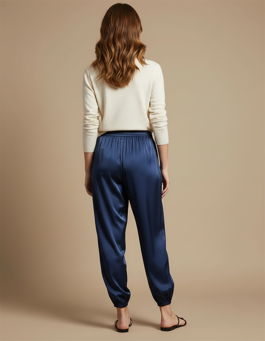 Pantalon Fluide Satiné Bleu Marine Ample Décontracté - vue 2