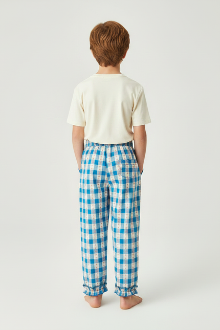 Pantalon Fluide Carreaux Bleu Ciel Volants Coton Enfant - vue 2