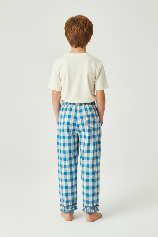 Pantalon Fluide Carreaux Bleu Ciel Volants Coton Enfant - vue 2