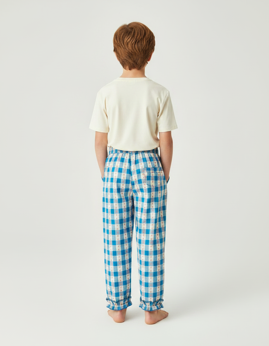 Pantalon Fluide Carreaux Bleu Ciel Volants Coton Enfant - vue 2