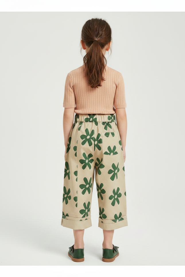 Pantalon Fluide Beige Imprimé Floral Ample Coton Enfant - vue 2