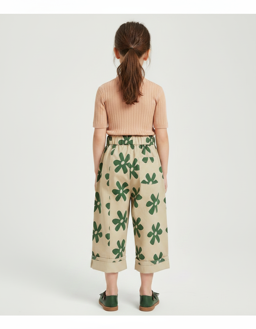 Pantalon Fluide Beige Imprimé Floral Ample Coton Enfant - vue 2