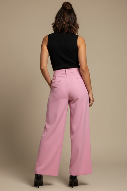 Pantalon Fluide Rose Ample Plissé Taille Haute - Polyester - vue 2
