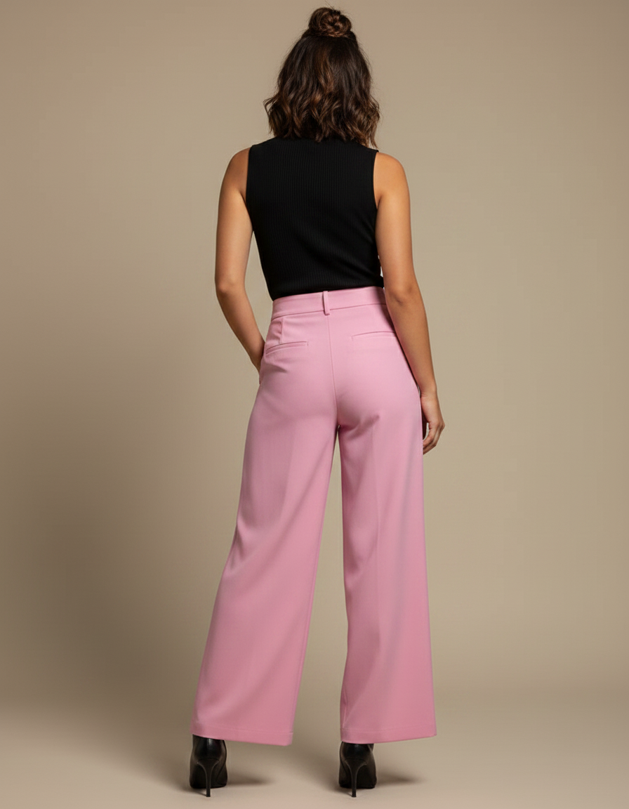 Pantalon Fluide Rose Ample Plissé Taille Haute - Polyester - vue 2