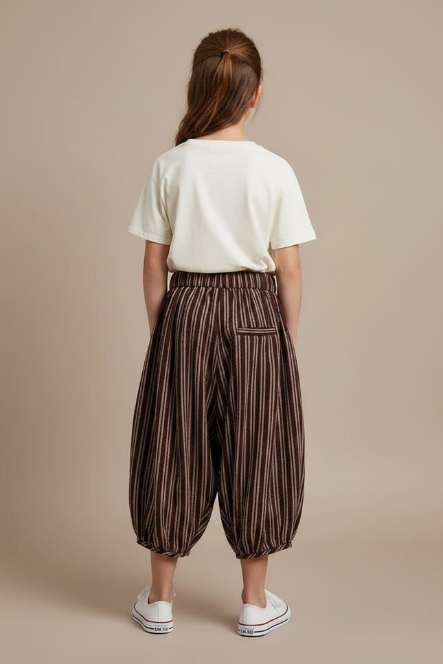 Pantalon Fluide Marron Rayé Ample Coton Décontracté - vue 2