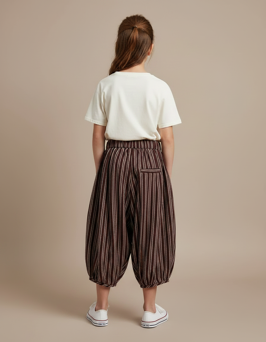 Pantalon Fluide Marron Rayé Ample Coton Décontracté - vue 2