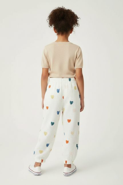 Pantalon Fluide Blanc Cœurs Colorés Ample Muslin Enfant - Coton - vue 2