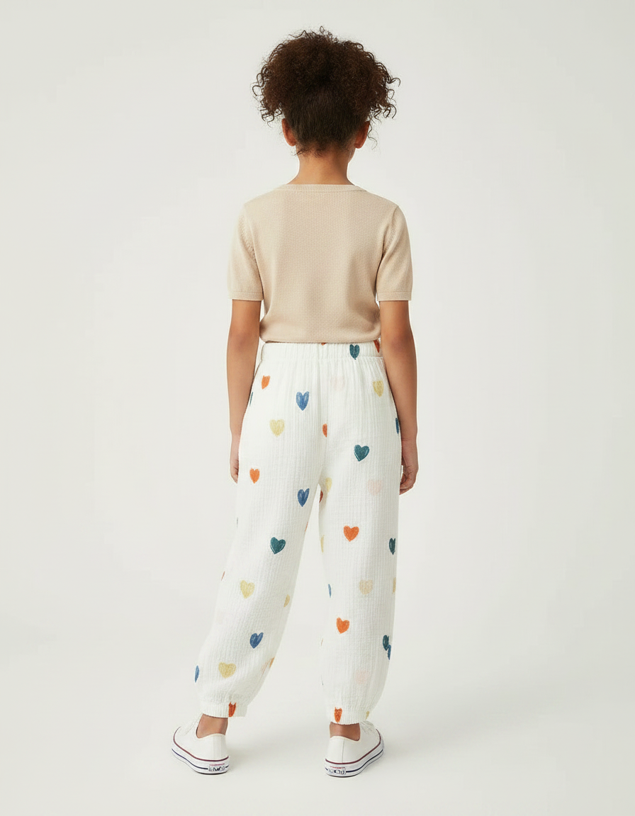Pantalon Fluide Blanc Cœurs Colorés Ample Muslin Enfant - Coton - vue 2