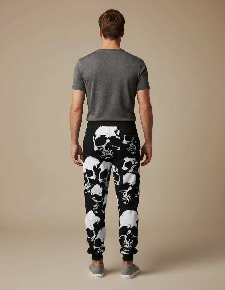 Pantalon Fluide Noir Crânes Blancs Ample Décontracté Homme - Molleton - vue 2