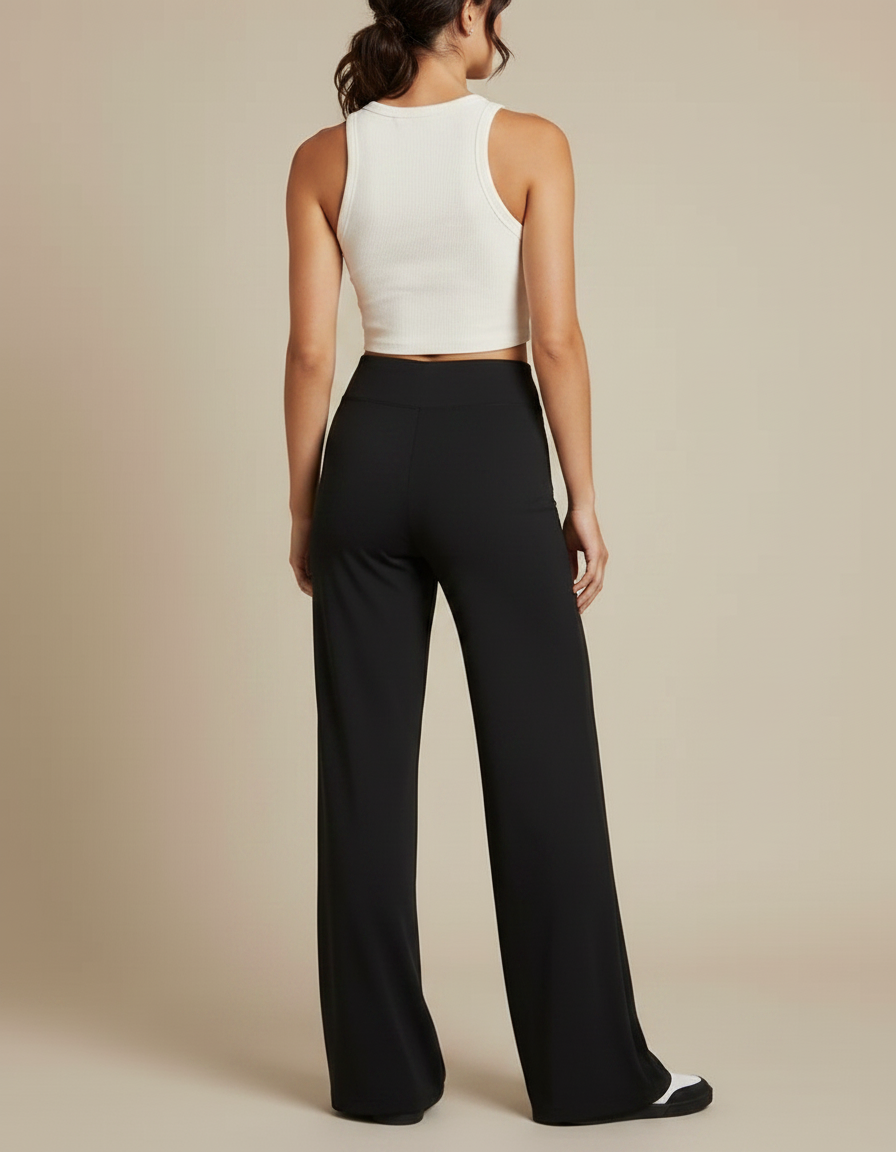 Pantalon Fluide Noir Ample Taille Haute Évasé Femme - Viscose - vue 2