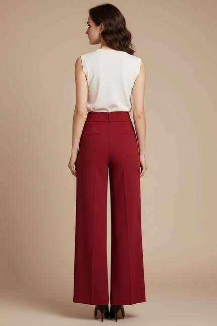 Pantalon Fluide Rouge Ample Taille Haute Élégant Femme - Bordeaux Polyester - vue 2