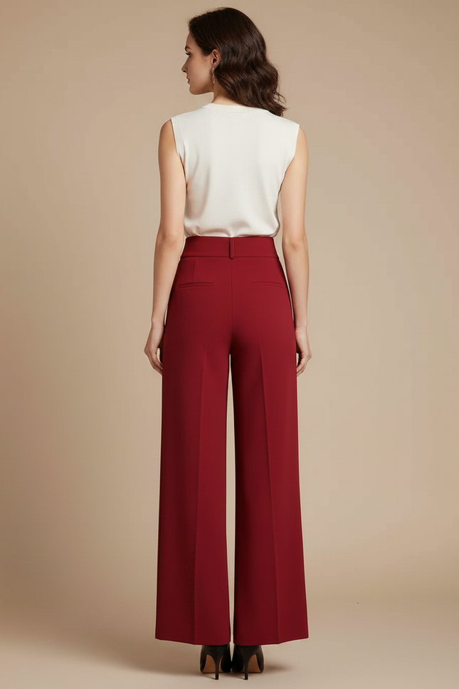 Pantalon Fluide Rouge Ample Taille Haute Élégant Femme - Bordeaux Polyester - vue 2