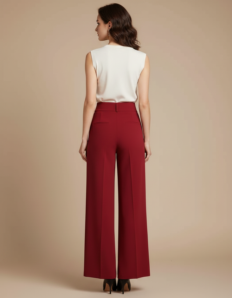 Pantalon Fluide Rouge Ample Taille Haute Élégant Femme - Bordeaux Polyester - vue 2