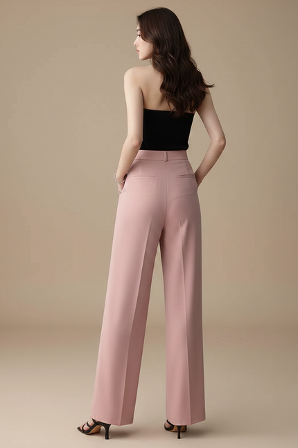 Pantalon Fluide Rose Taille Haute Ample Droit Élégant - Polyester - vue 2