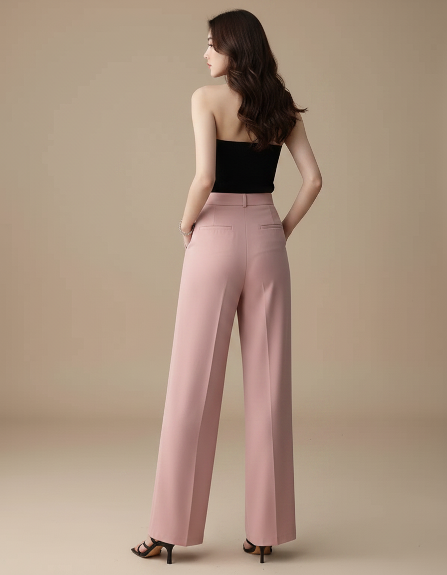 Pantalon Fluide Rose Taille Haute Ample Droit Élégant - Polyester - vue 2
