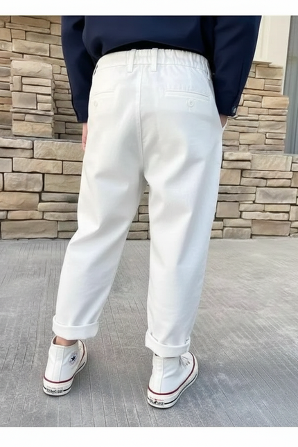 Pantalon Fluide Blanc Ample Coton Taille Haute Garçon Fille