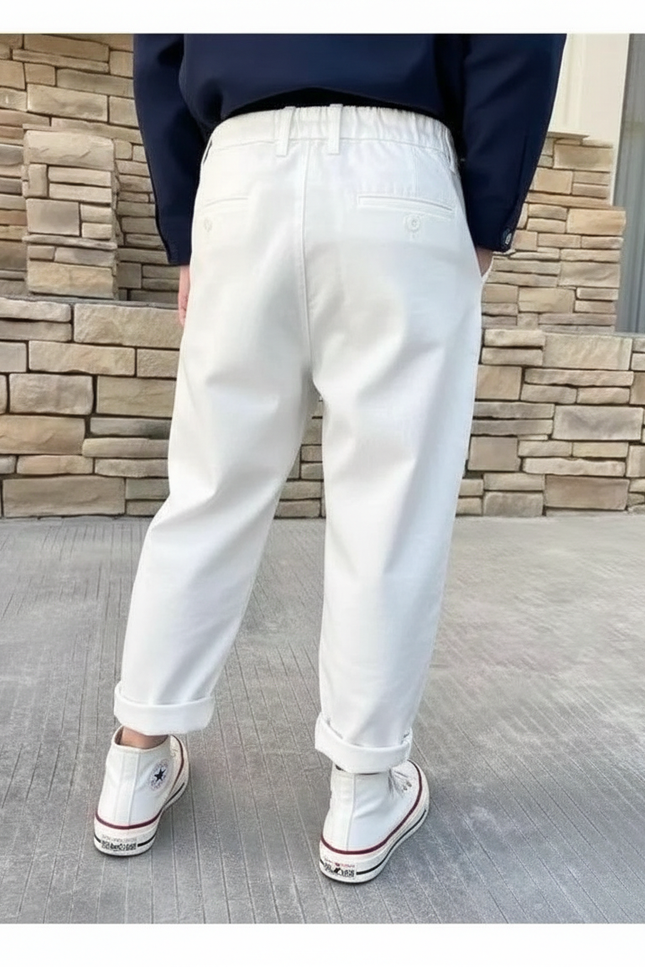 Pantalon Fluide Blanc Ample Coton Taille Haute Garçon Fille