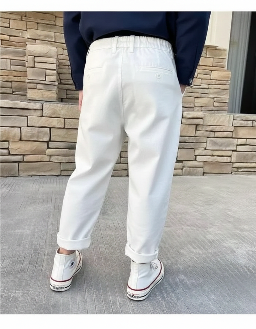 Pantalon Fluide Blanc Ample Coton Taille Haute Garçon Fille