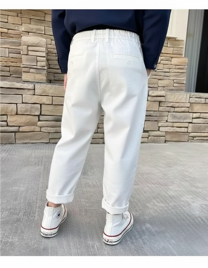 Pantalon Fluide Blanc Ample Coton Taille Haute Garçon Fille