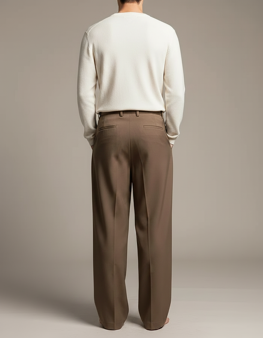 Pantalon Fluide Marron Ample Plissé Décontracté Élégant Homme - Polyester - vue 2