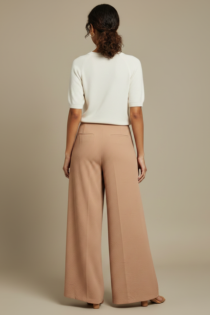 Pantalon Fluide Écru Ample Texturé Taille Haute Élégant - Beige Polyester - vue 2