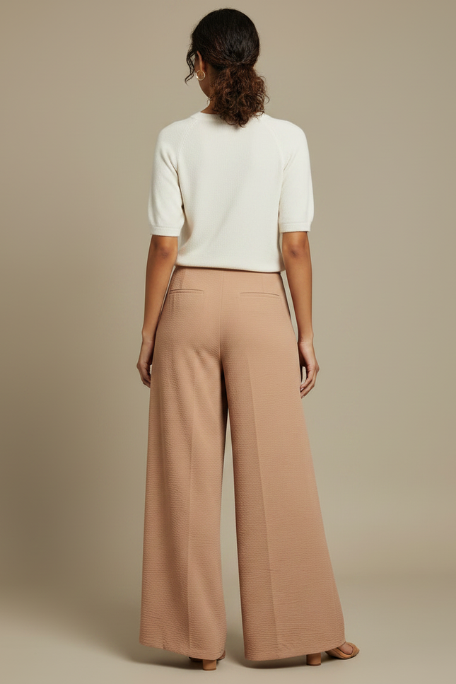 Pantalon Fluide Écru Ample Texturé Taille Haute Élégant - Beige Polyester - vue 2