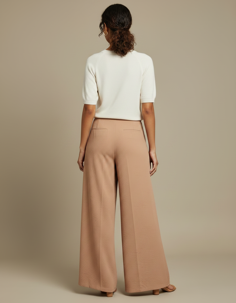 Pantalon Fluide Écru Ample Texturé Taille Haute Élégant - Beige Polyester - vue 2