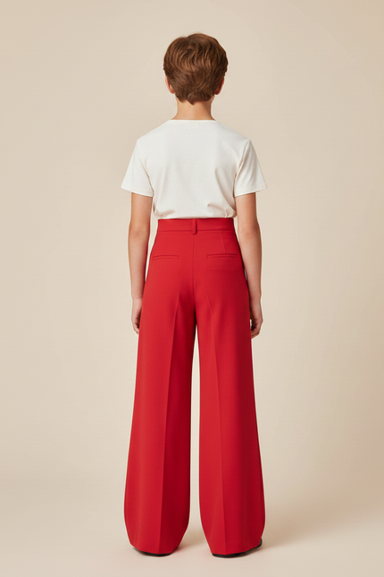 Pantalon Fluide Rouge Taille Haute Boutons Ample - Viscose - vue 2