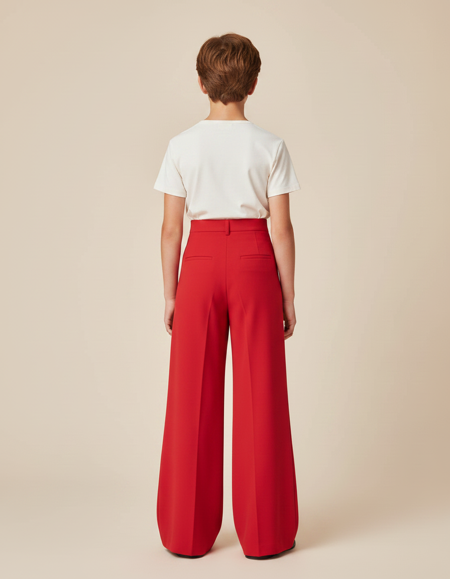 Pantalon Fluide Rouge Taille Haute Boutons Ample - Viscose - vue 2