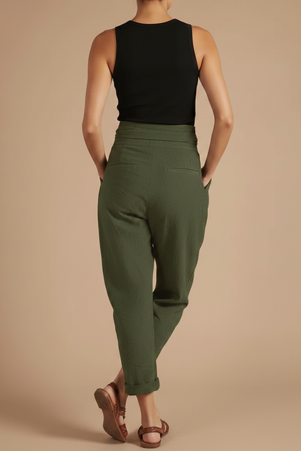 Pantalon Fluide Vert Kaki Ample Décontracté Ceinturé - Lin - vue 2