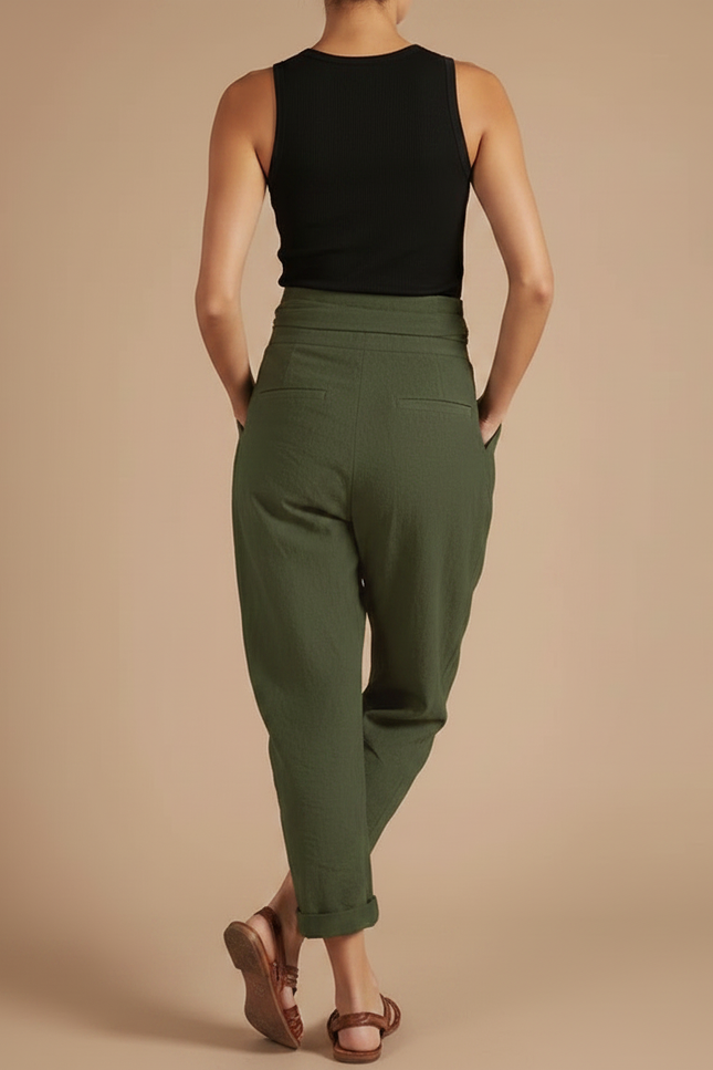 Pantalon Fluide Vert Kaki Ample Décontracté Ceinturé - Lin - vue 2
