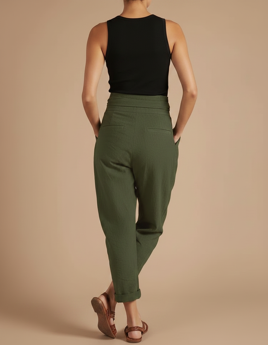 Pantalon Fluide Vert Kaki Ample Décontracté Ceinturé - Lin - vue 2