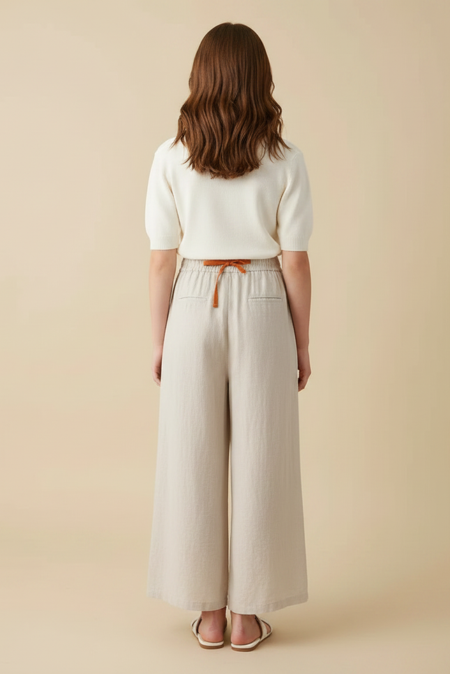 Pantalon Fluide Beige Lin Ample Décontracté Fendu - vue 2