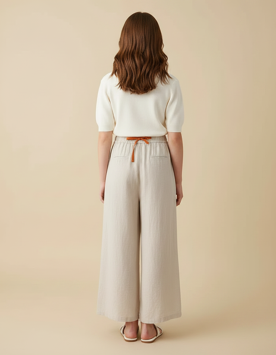 Pantalon Fluide Beige Lin Ample Décontracté Fendu - vue 2