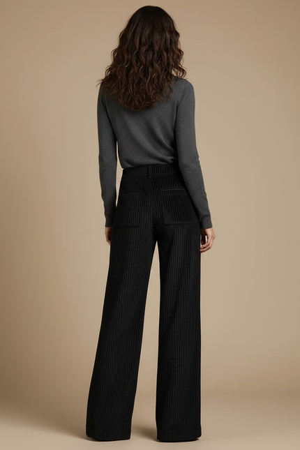 Pantalon Fluide Noir Côtelé Ample Taille Haute - Cordé - vue 2