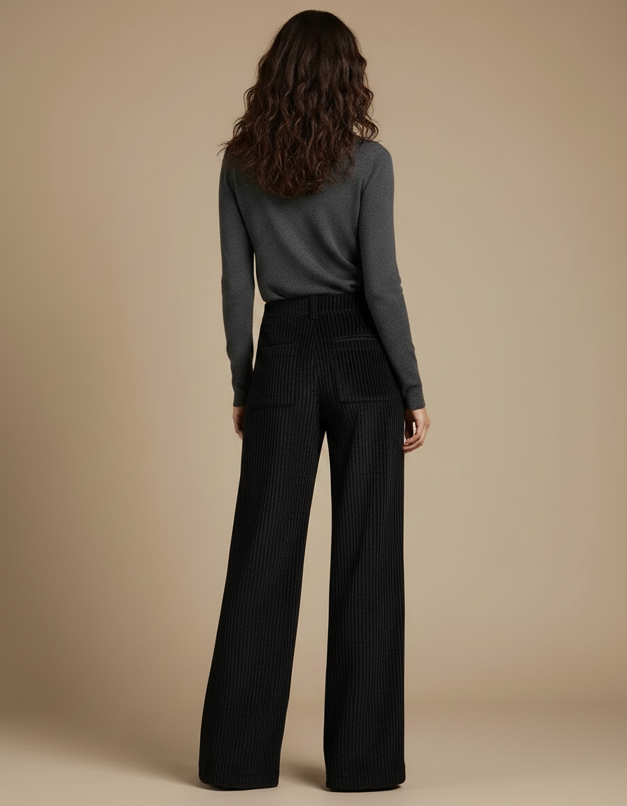Pantalon Fluide Noir Côtelé Ample Taille Haute - Cordé - vue 2